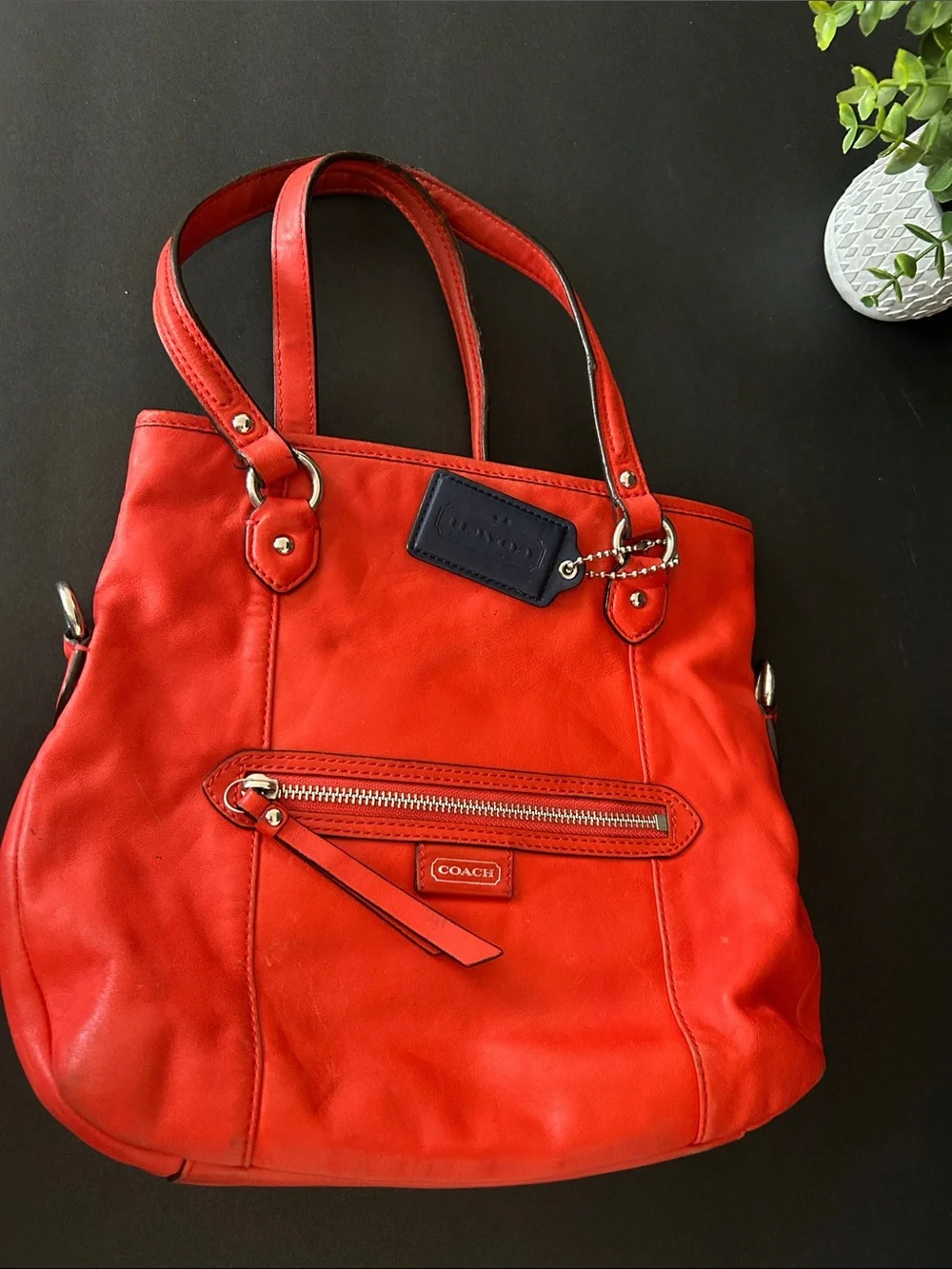 Coach Orange-Red Leather Shoulder Tote with Front Zip Pocket